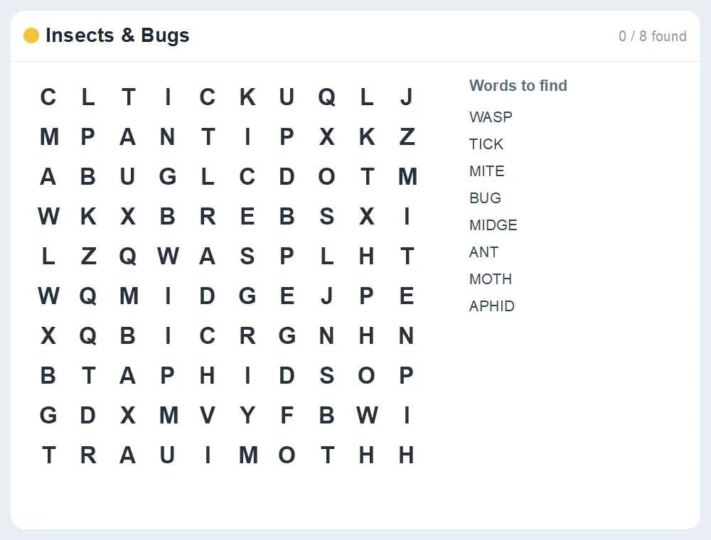 Preview of the Insects & Bugs word search puzzle