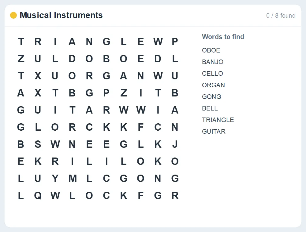 Preview of the Musical Instruments word search puzzle