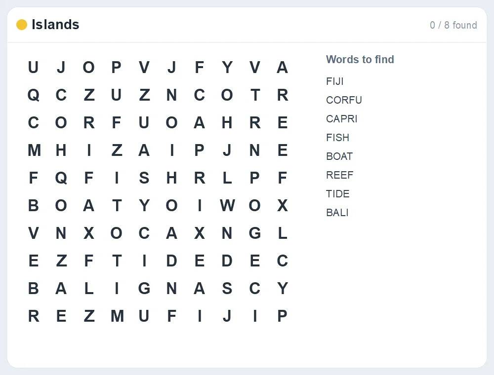 Preview of the Islands word search puzzle