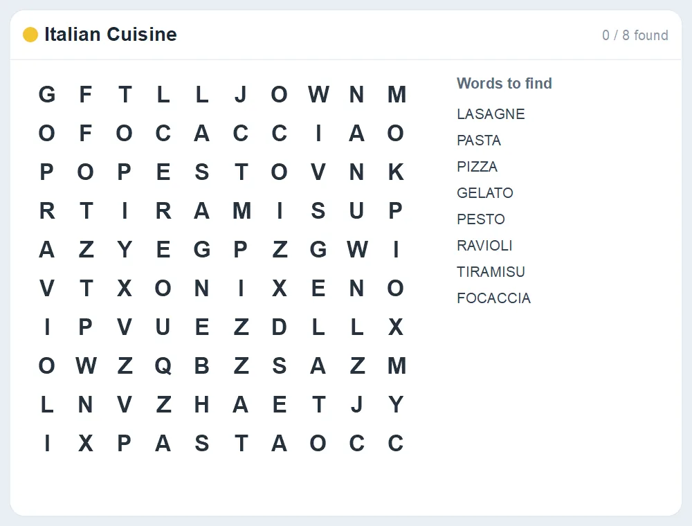 Preview of the Italian Cuisine word search puzzle