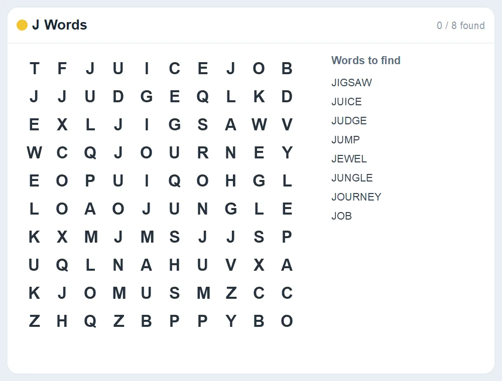 Preview of the J Words word search puzzle