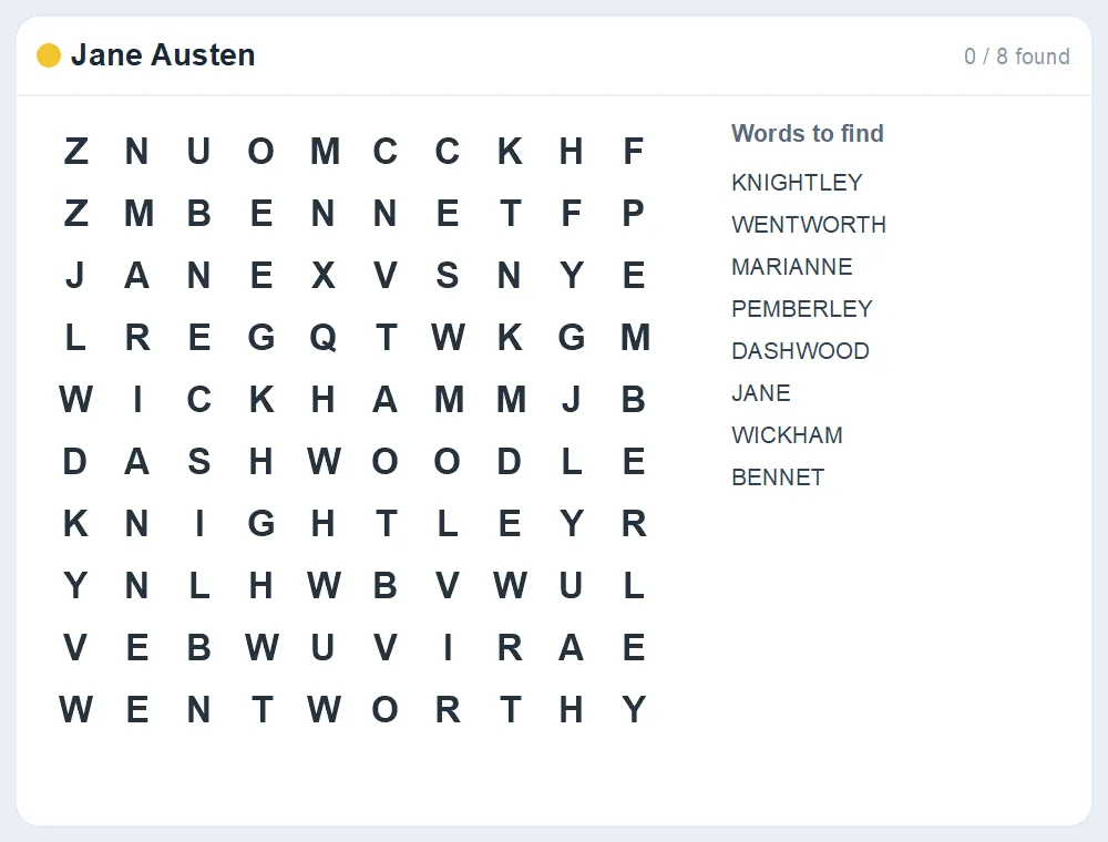 Preview of the Jane Austen word search puzzle