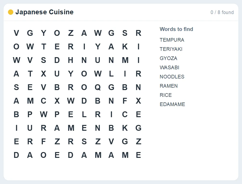 Preview of the Japanese Cuisine word search puzzle