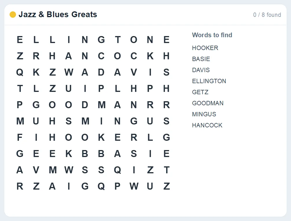 Preview of the Jazz & Blues Greats word search puzzle