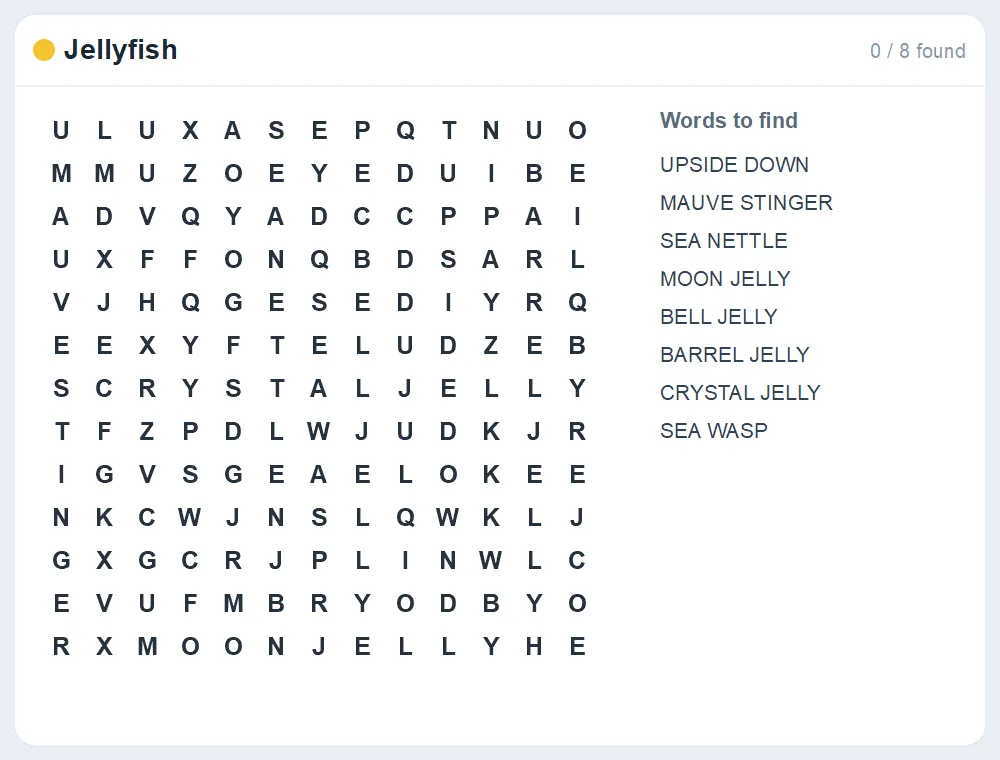 Preview of the Jellyfish word search puzzle