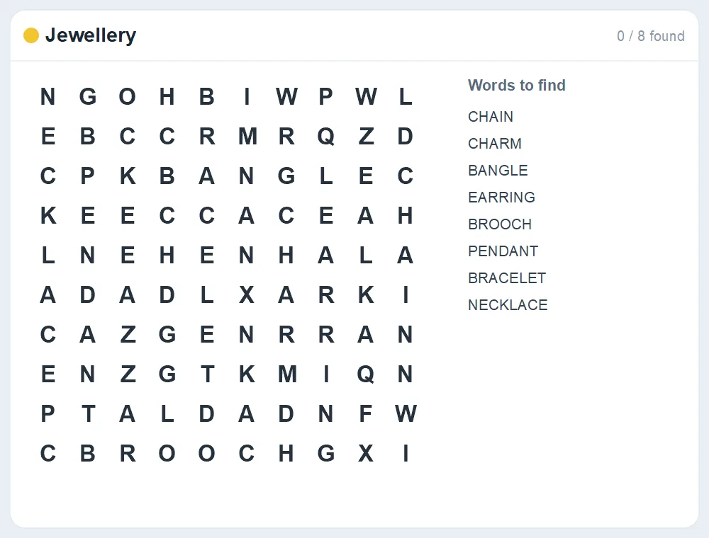 Preview of the Jewellery word search puzzle