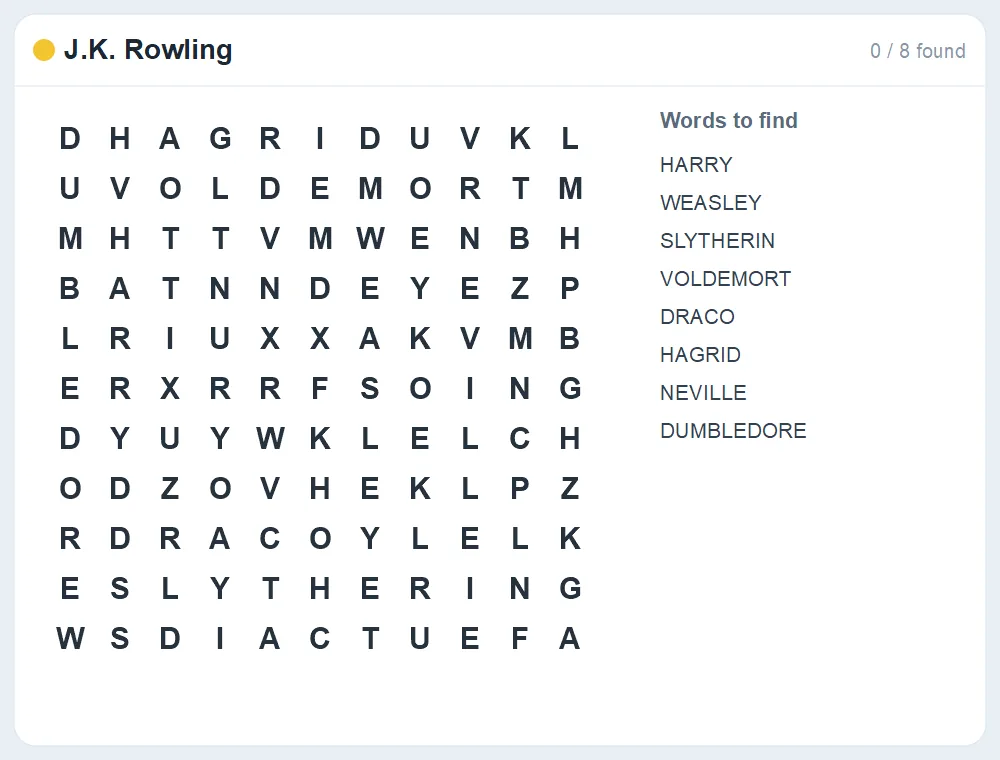 Preview of the J.K. Rowling word search puzzle