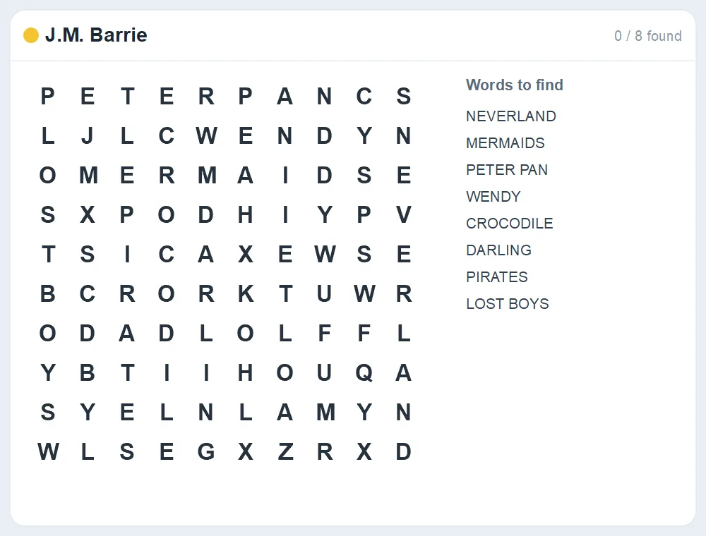Preview of the J.M. Barrie word search puzzle