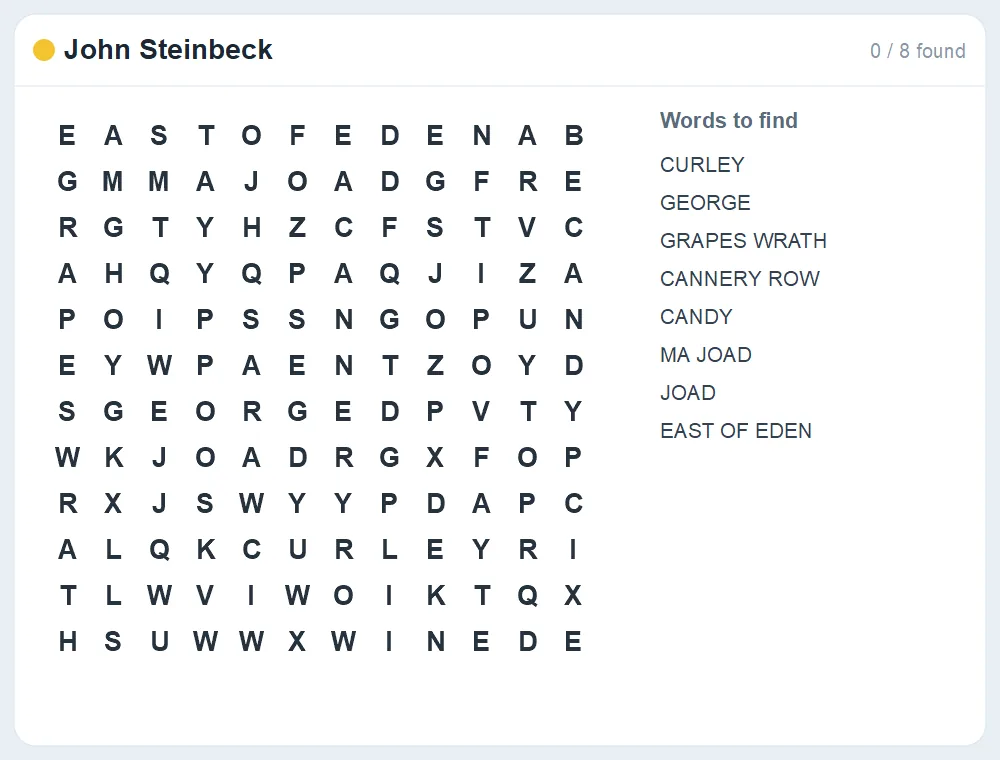 Preview of the John Steinbeck word search puzzle