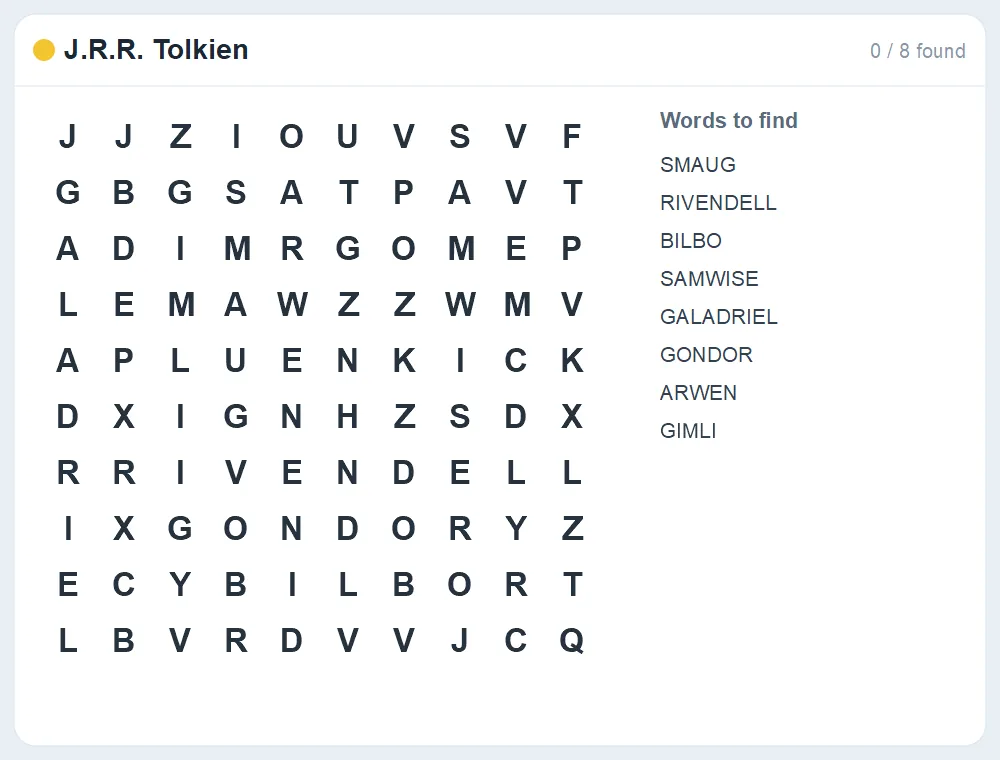 Preview of the J.R.R. Tolkien word search puzzle