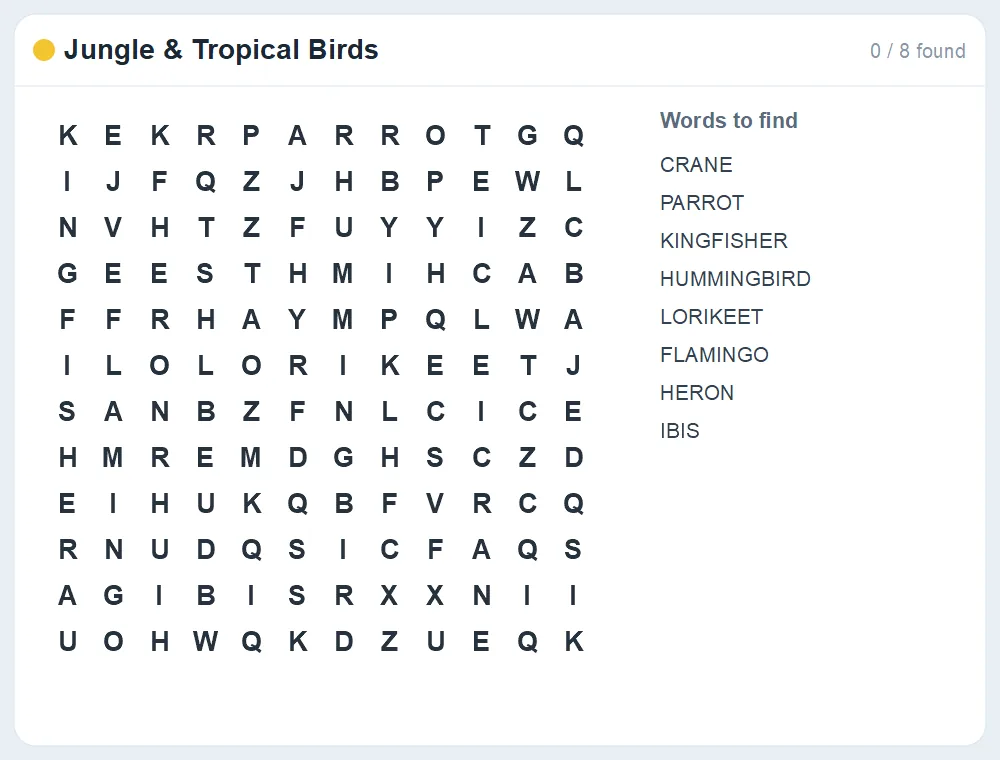 Preview of the Jungle & Tropical Birds word search puzzle