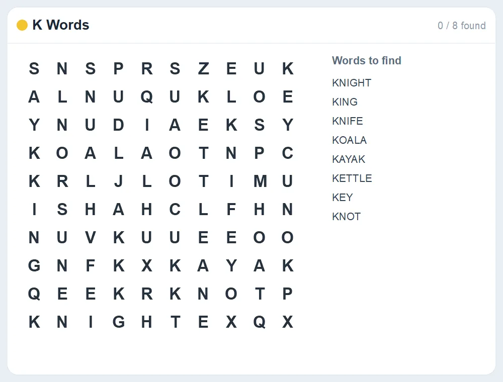 Preview of the K Words word search puzzle