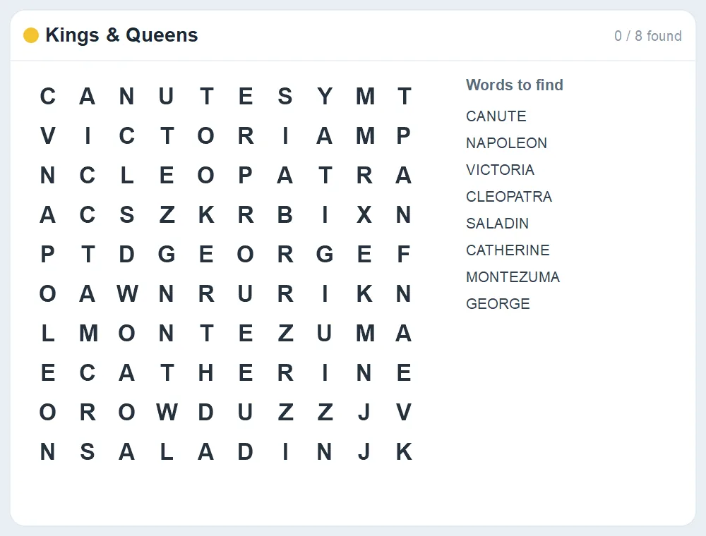 Preview of the Kings & Queens word search puzzle
