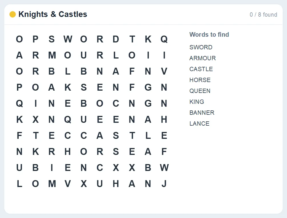 Preview of the Knights & Castles word search puzzle