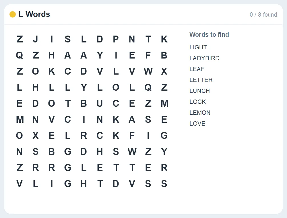 Preview of the L Words word search puzzle