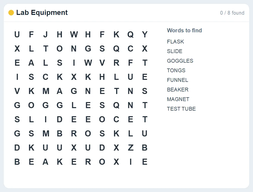 Preview of the Lab Equipment word search puzzle