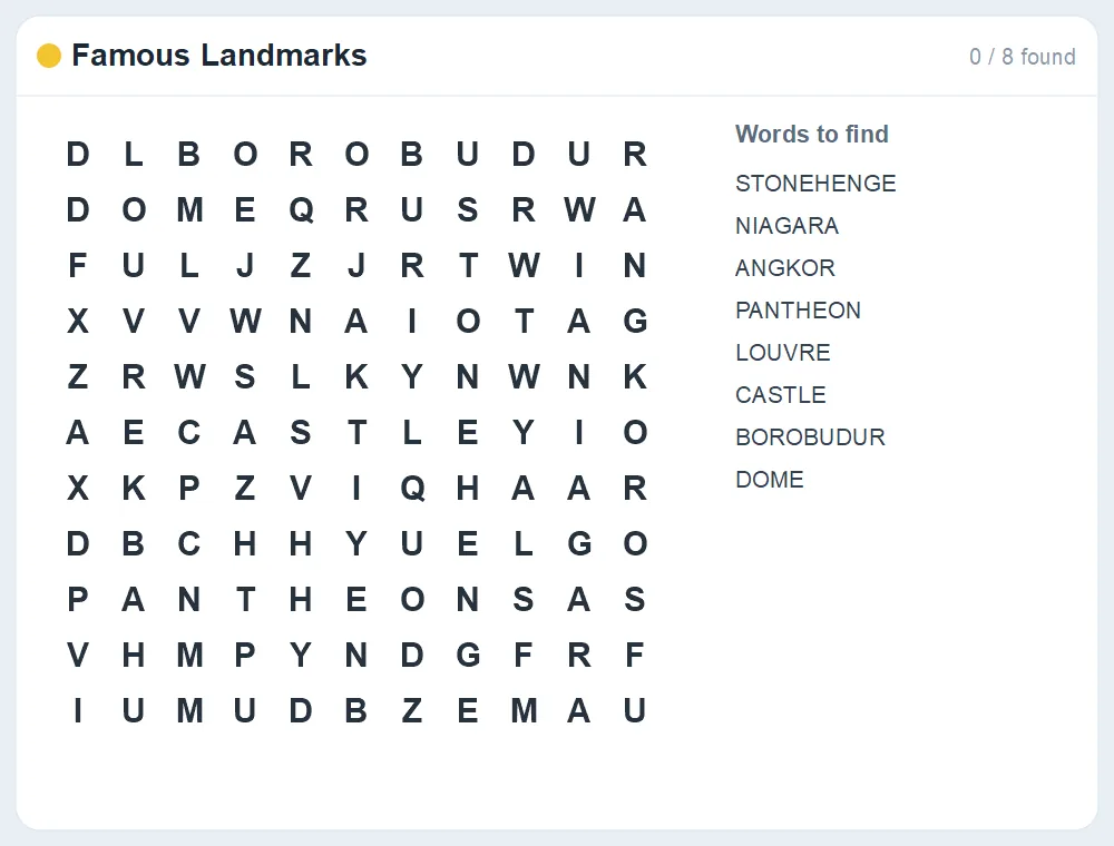 Preview of the Famous Landmarks word search puzzle