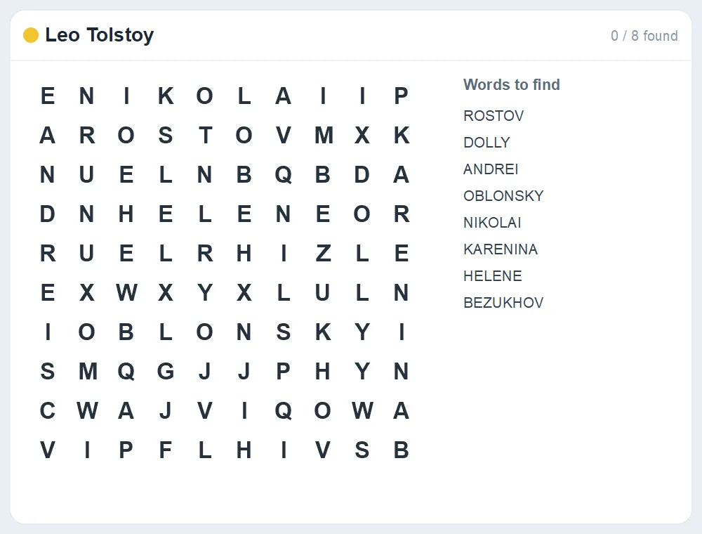Preview of the Leo Tolstoy word search puzzle