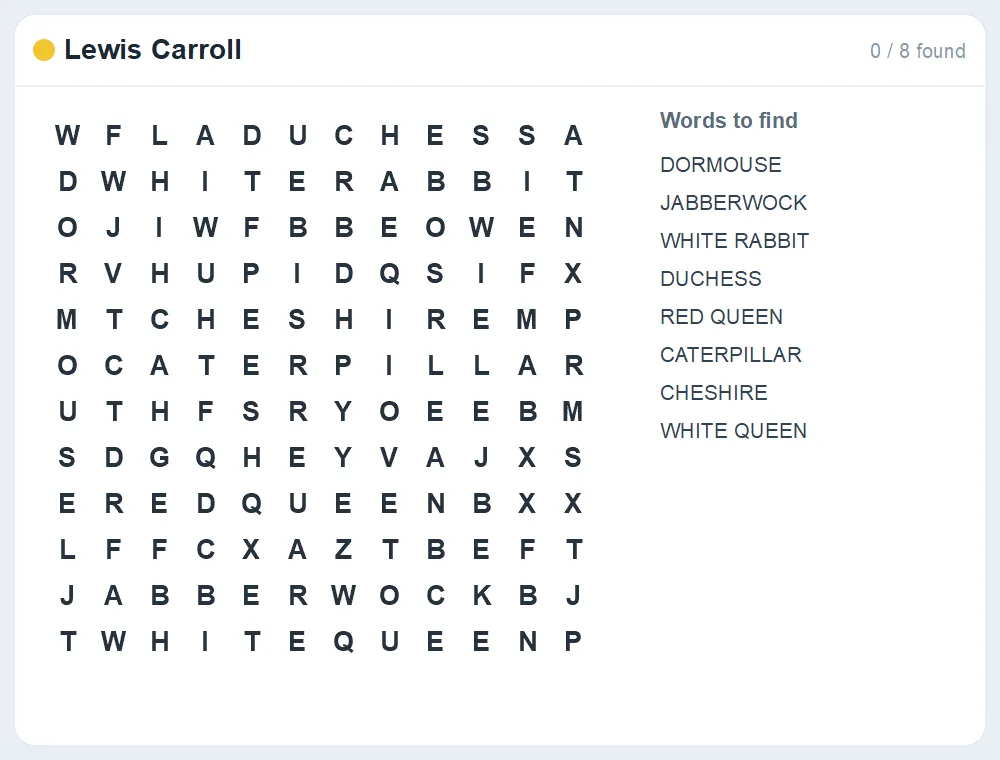 Preview of the Lewis Carroll word search puzzle