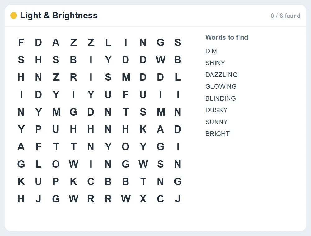 Preview of the Light & Brightness word search puzzle