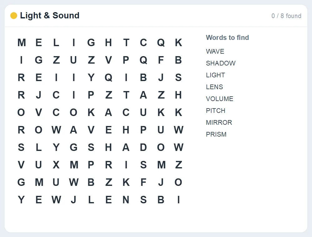 Preview of the Light & Sound word search puzzle