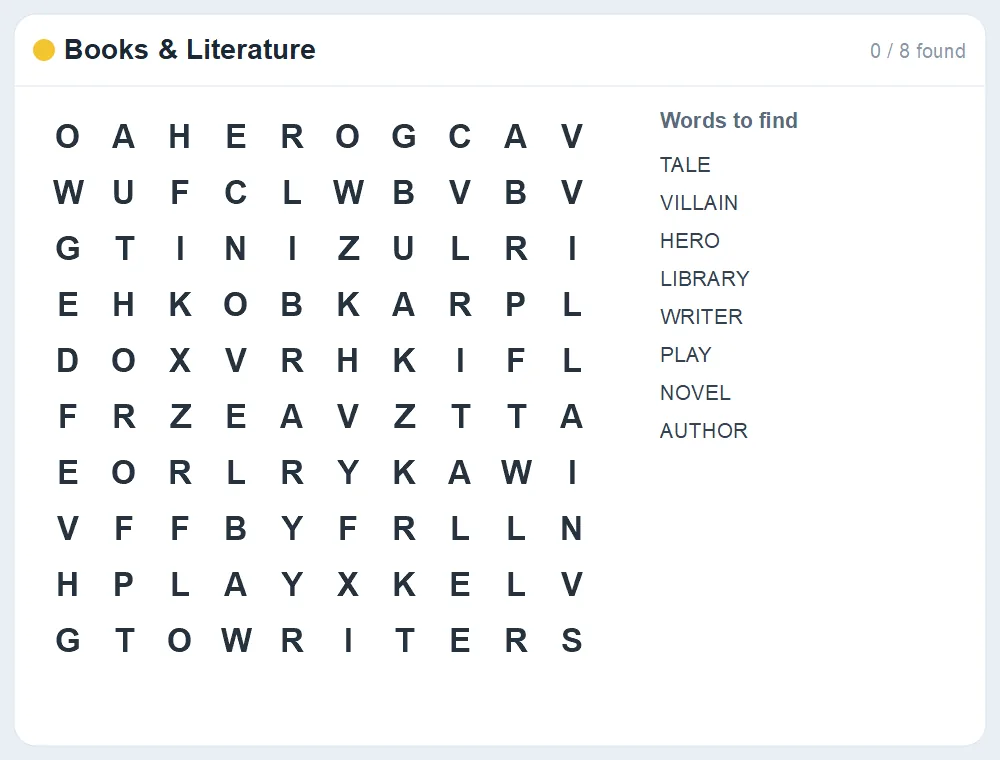 Preview of the Books & Literature word search puzzle