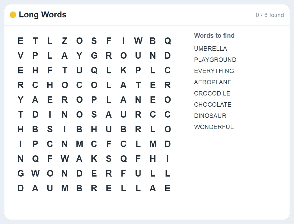 Preview of the Long Words word search puzzle
