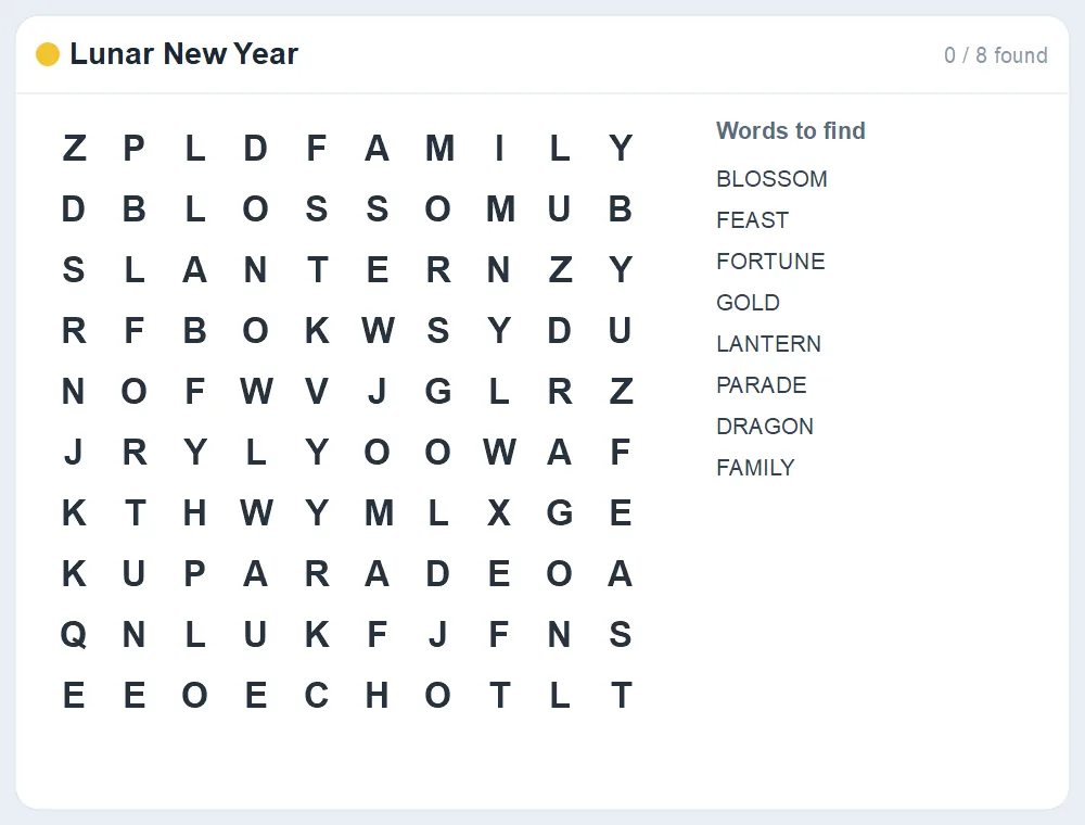 Preview of the Lunar New Year word search puzzle