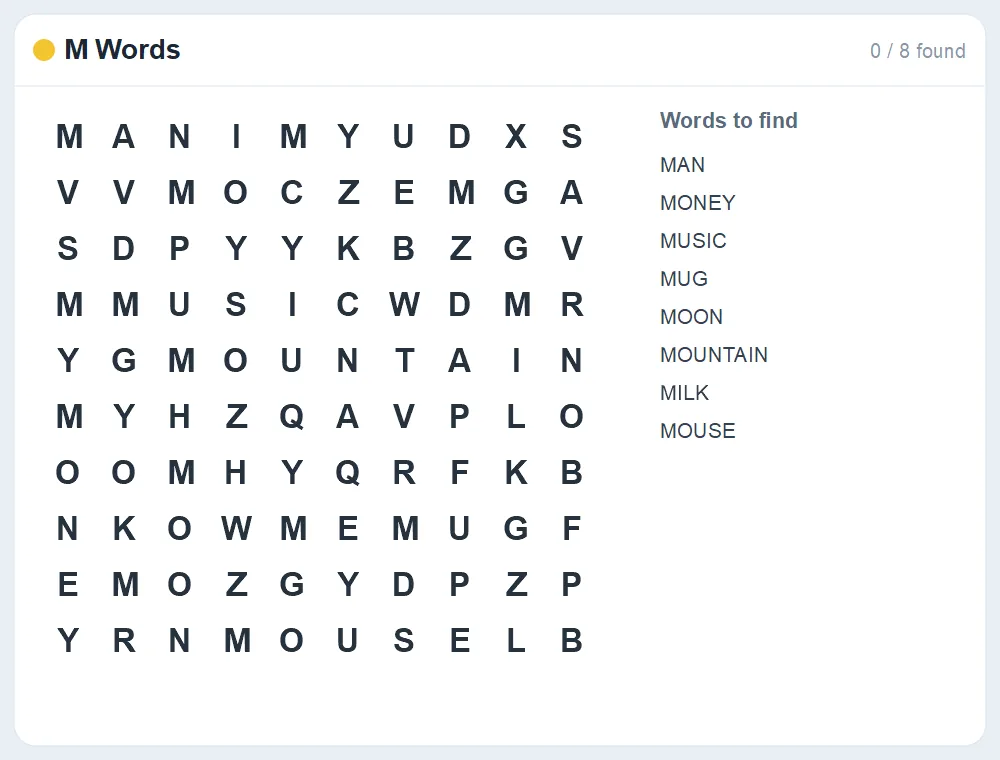 Preview of the M Words word search puzzle