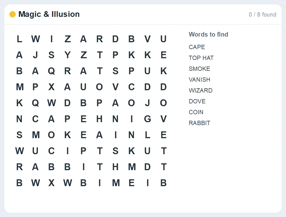 Preview of the Magic & Illusion word search puzzle