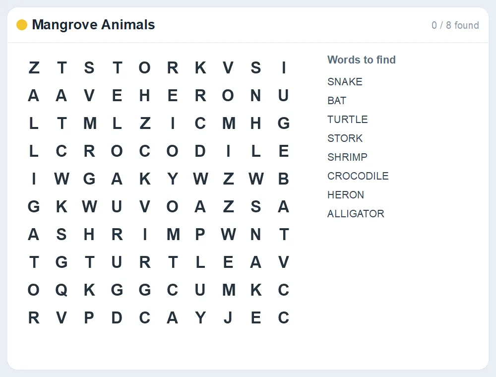 Preview of the Mangrove Animals word search puzzle