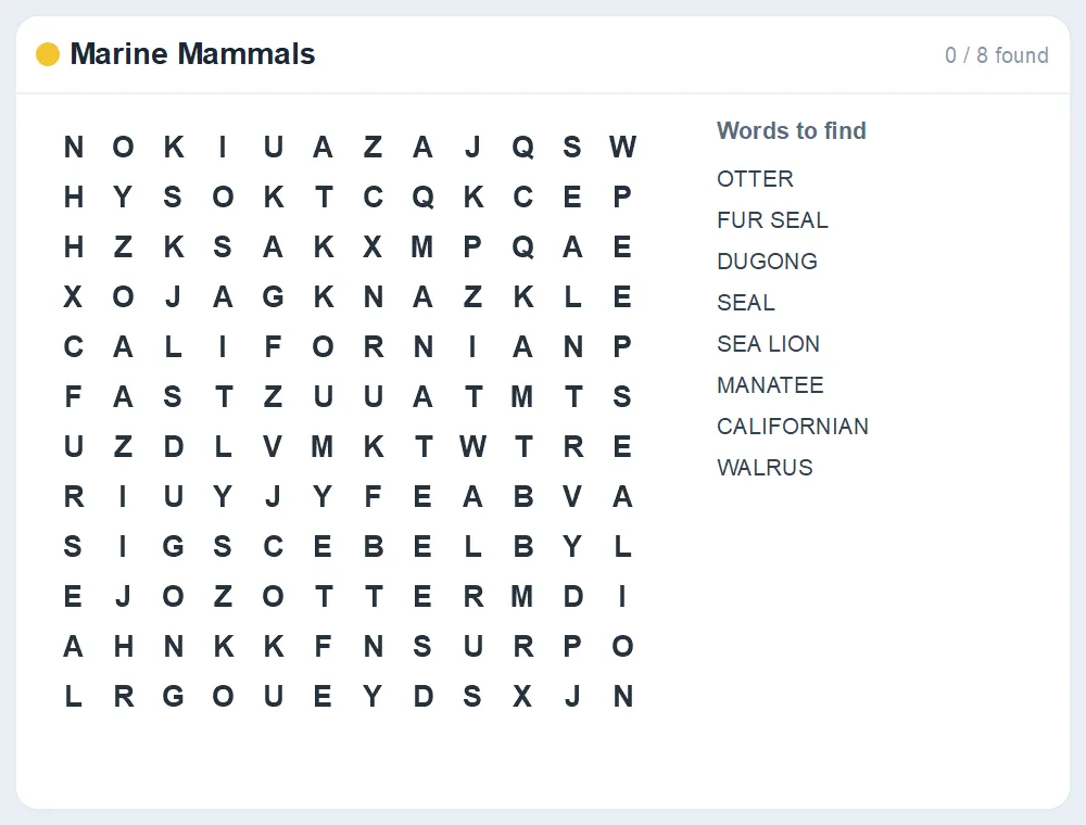 Preview of the Marine Mammals word search puzzle