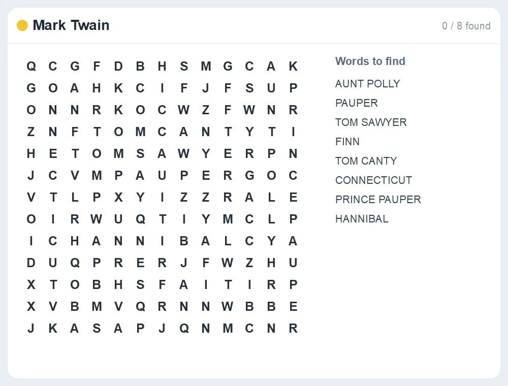 Preview of the Mark Twain word search puzzle