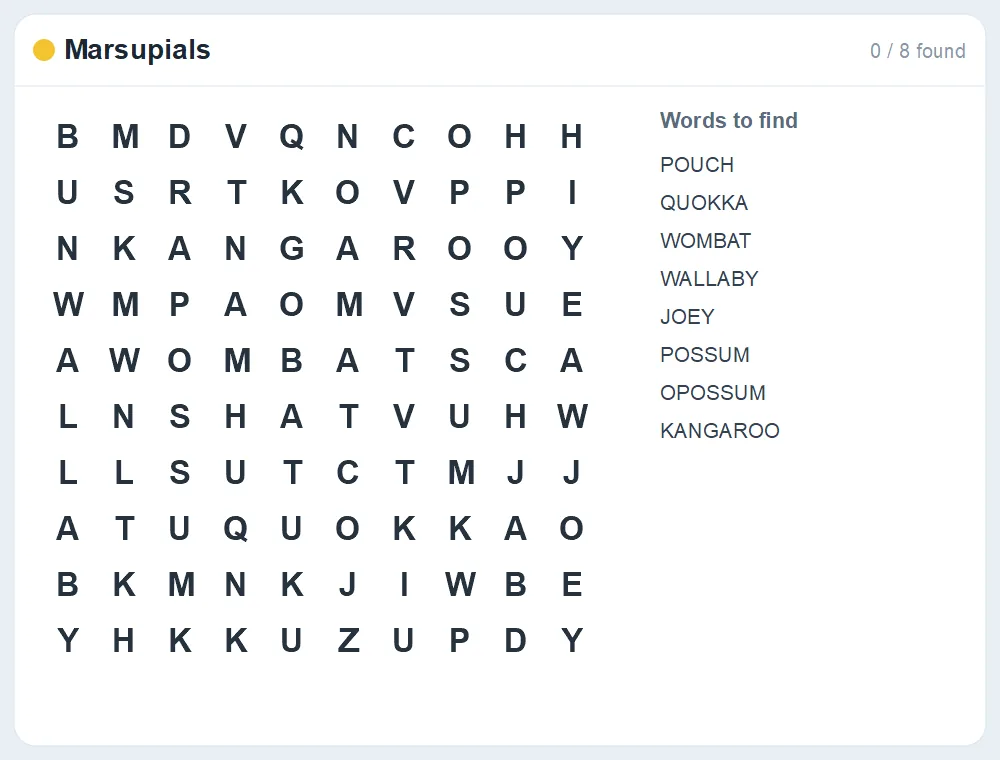 Preview of the Marsupials word search puzzle