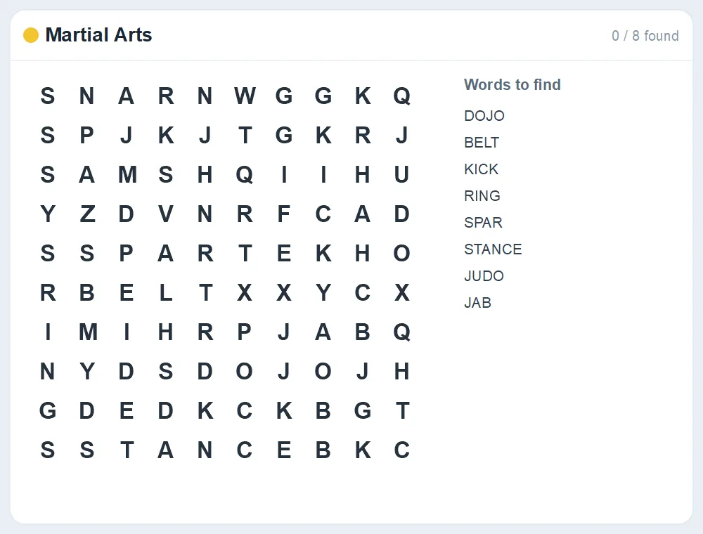 Preview of the Martial Arts word search puzzle