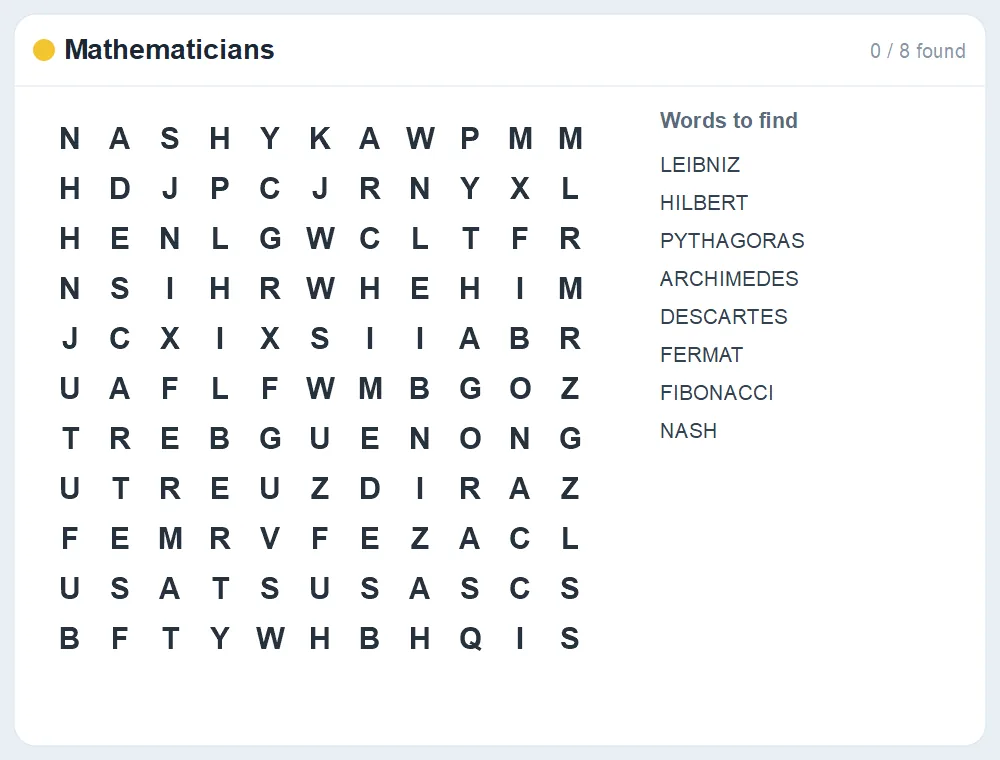 Preview of the Mathematicians word search puzzle