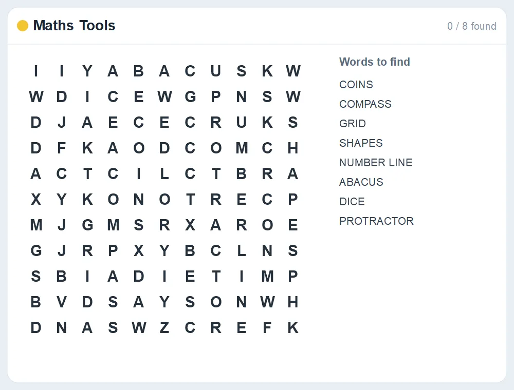 Preview of the Maths Tools word search puzzle