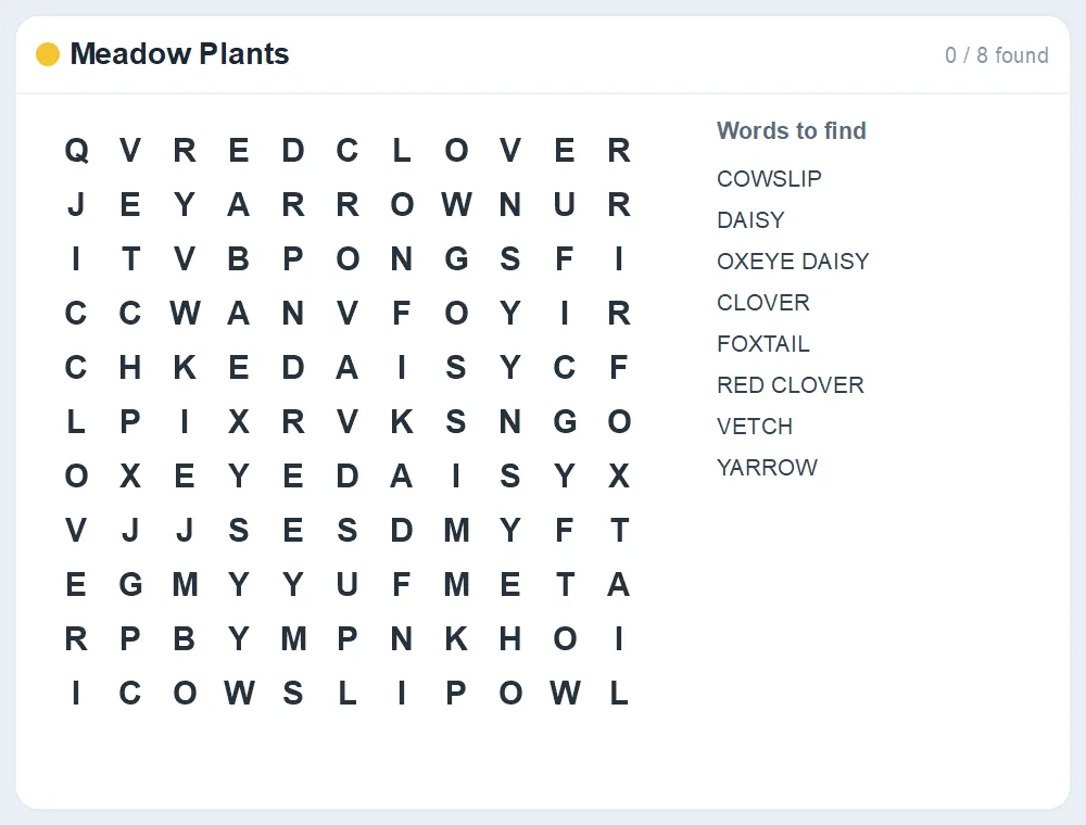 Preview of the Meadow Plants word search puzzle