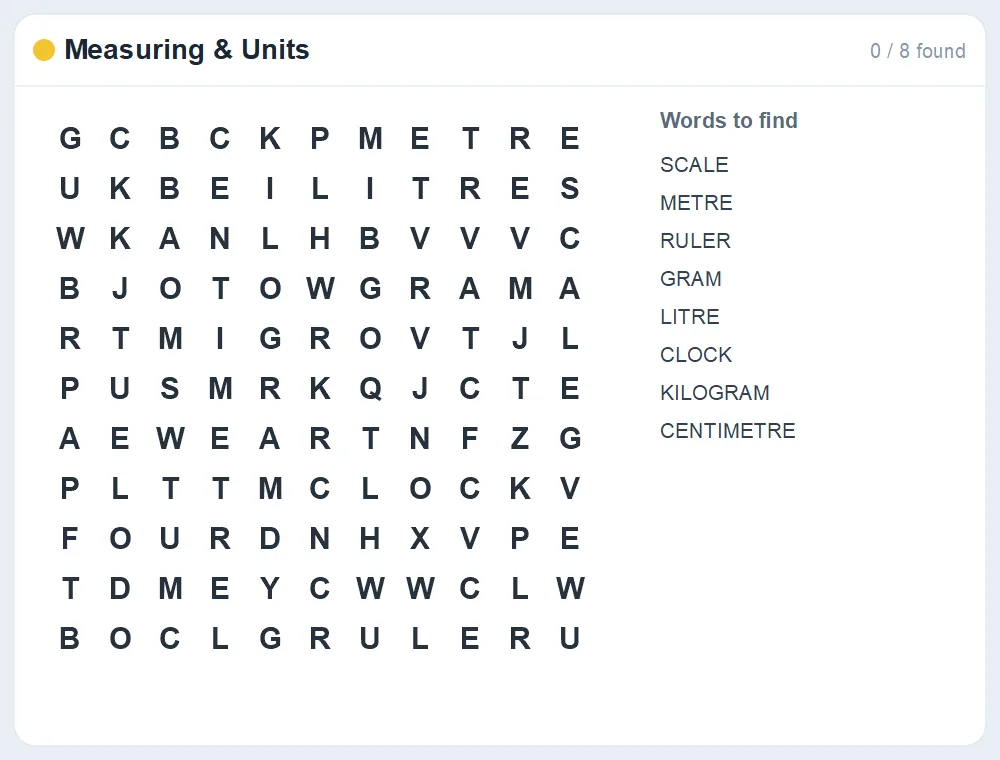 Preview of the Measuring & Units word search puzzle