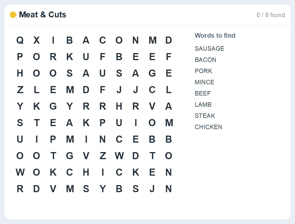 Preview of the Meat & Cuts word search puzzle