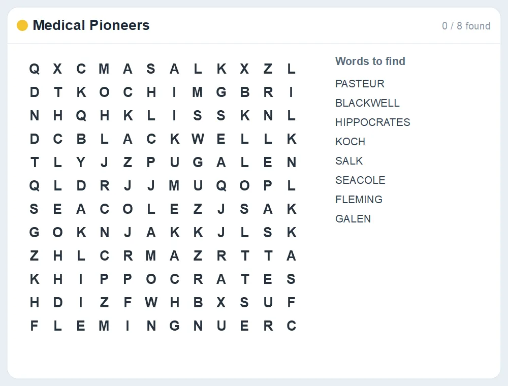 Preview of the Medical Pioneers word search puzzle