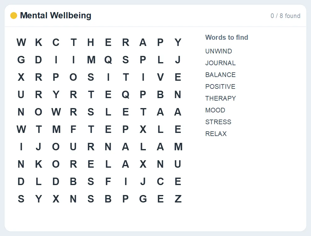 Preview of the Mental Wellbeing word search puzzle
