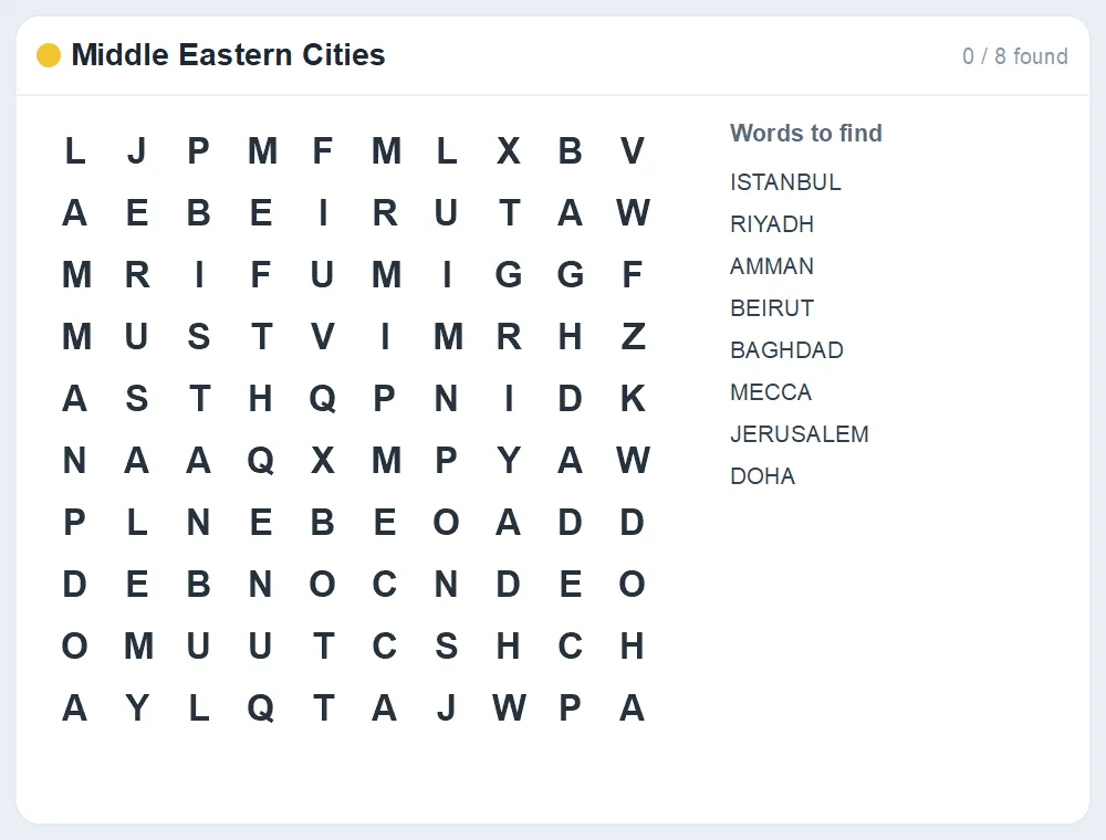 Preview of the Middle Eastern Cities word search puzzle