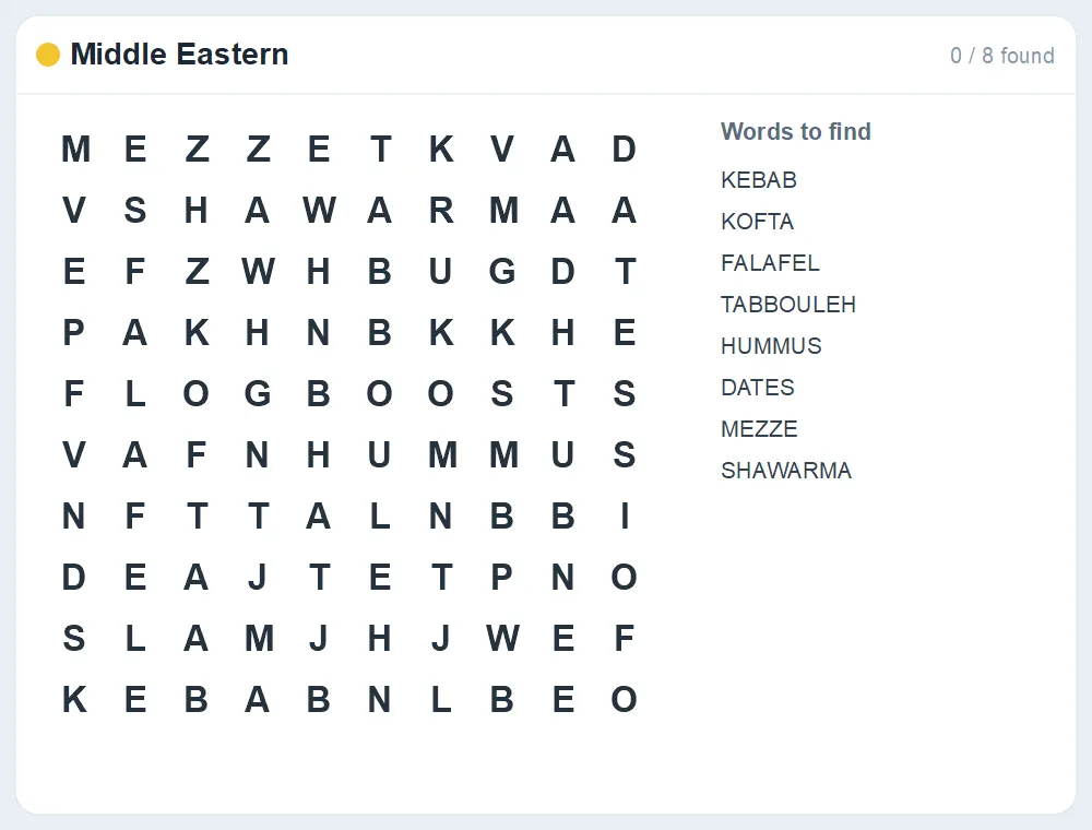 Preview of the Middle Eastern word search puzzle
