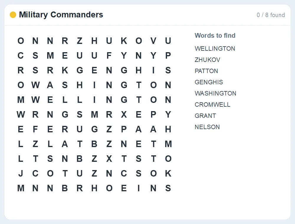 Preview of the Military Commanders word search puzzle