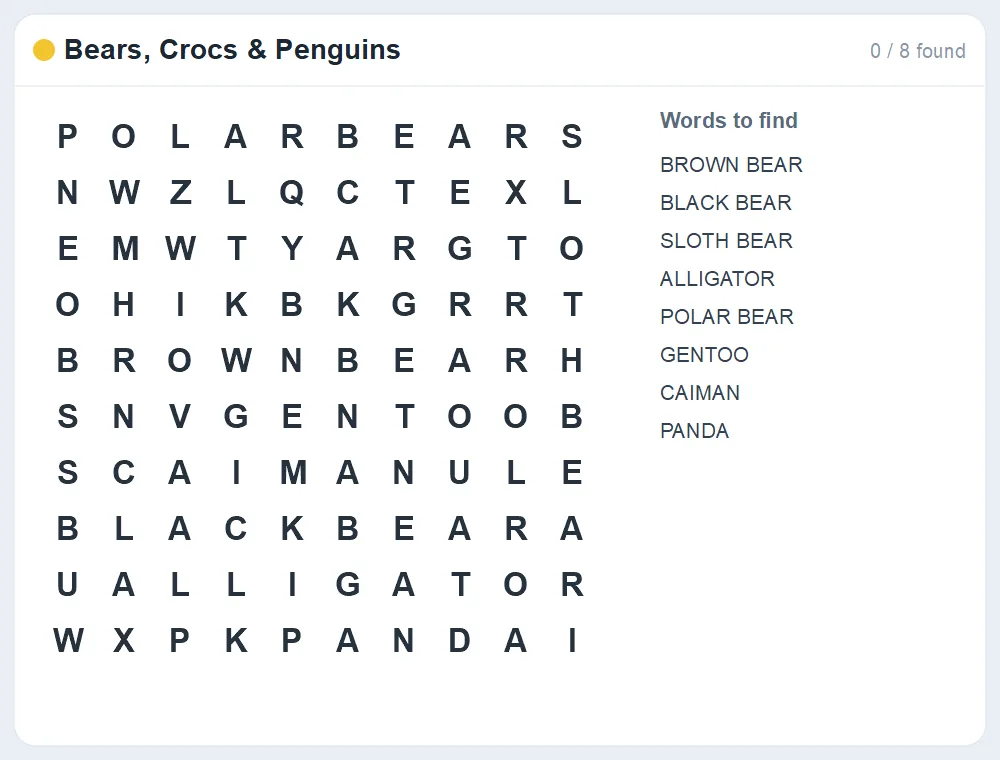 Preview of the Bears, Crocs & Penguins word search puzzle