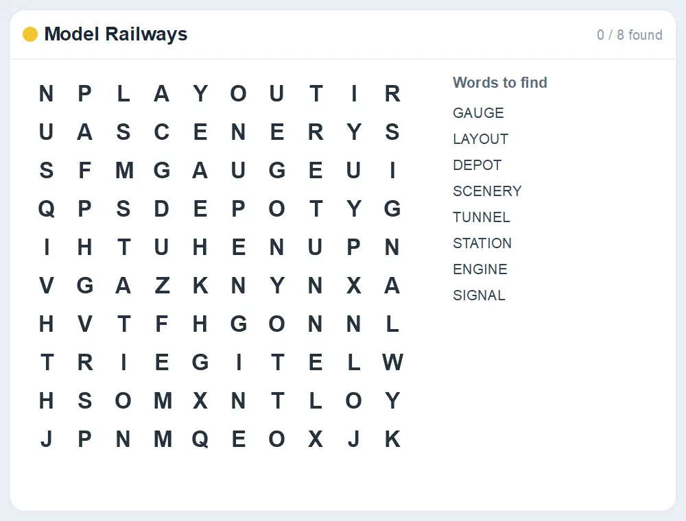 Preview of the Model Railways word search puzzle