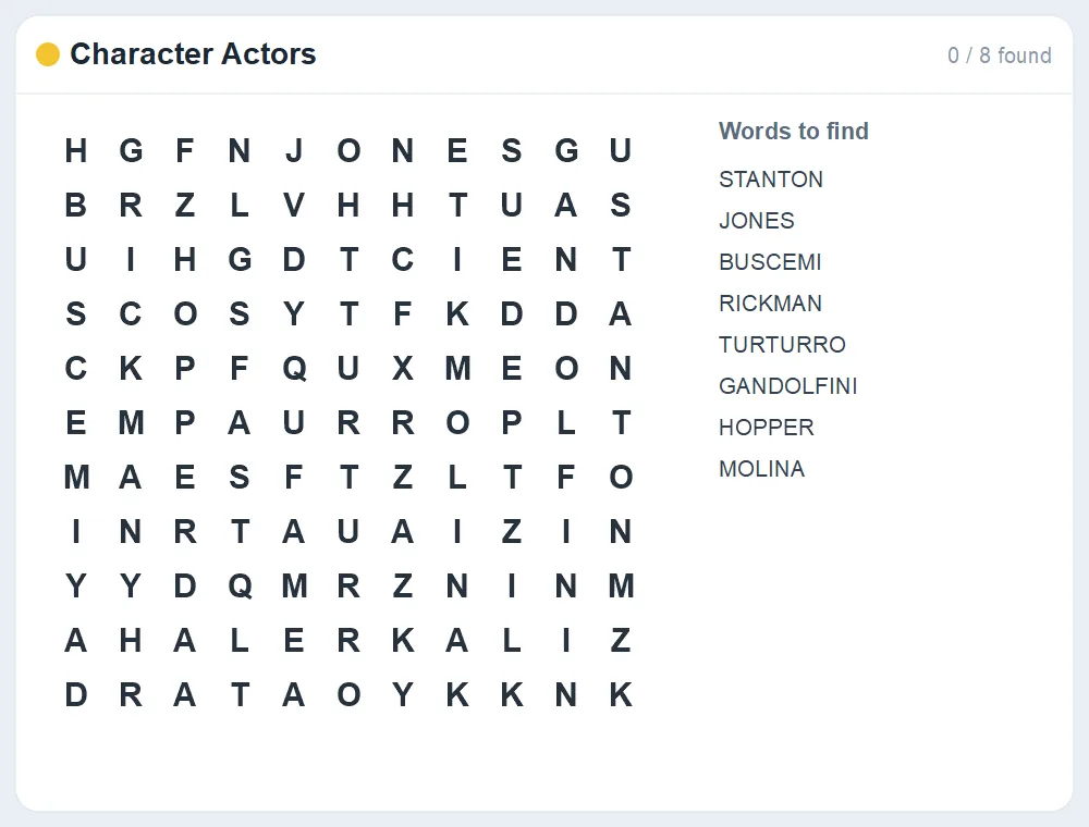 Preview of the Character Actors word search puzzle