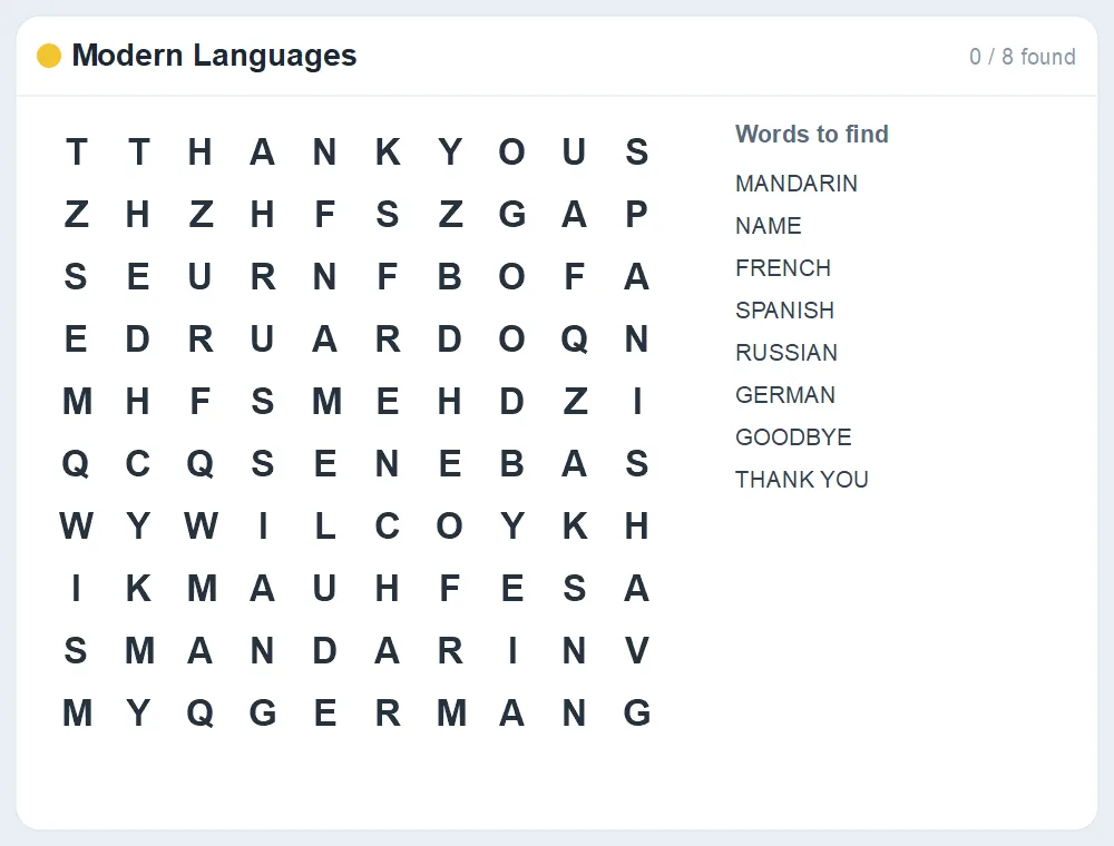 Preview of the Modern Languages word search puzzle