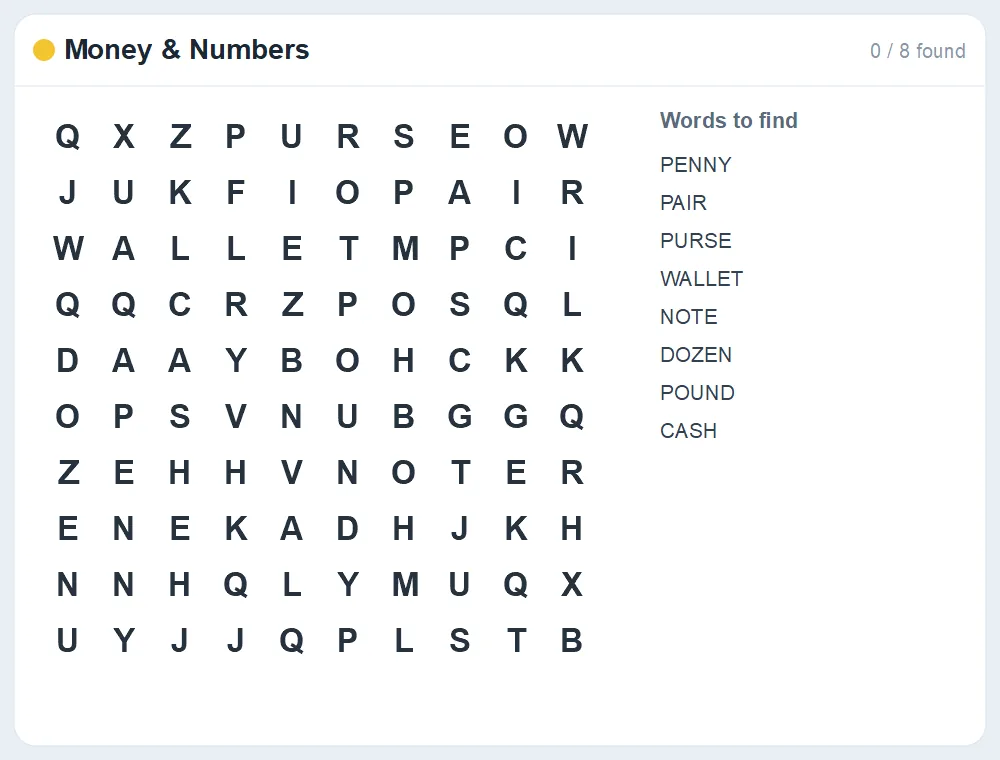 Preview of the Money & Numbers word search puzzle